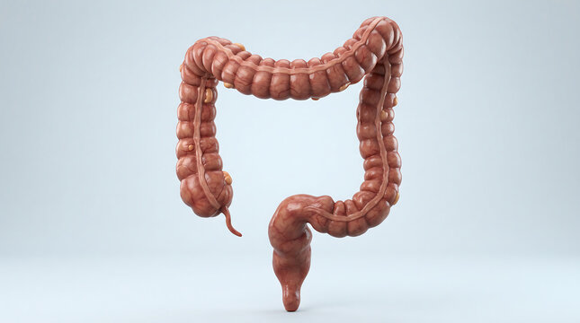 Anatomical model of human large intestine colon isolated on light background showing ascending transverse descending sigmoid and appendix