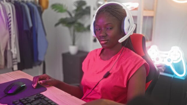 Woman with white headset, hand on mouse and resting on keyboard, smiling at camera in studio with neon controller sign; confidence connection.