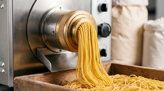 Professional pasta maker machine extruding fresh yellow egg noodles.
