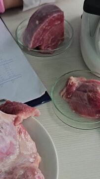 Examining meat samples under a microscope in a laboratory setting