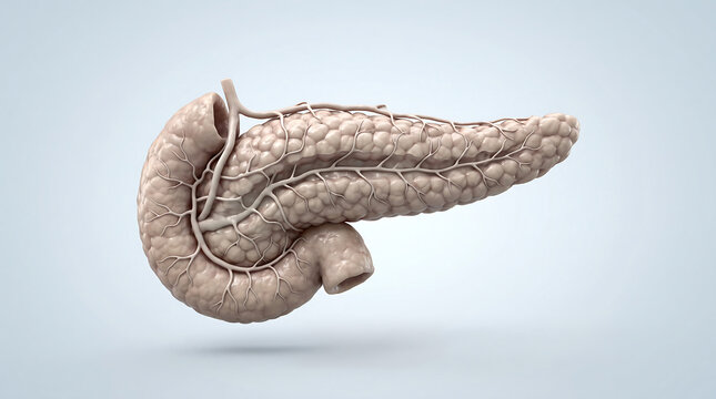 Human pancreas with duodenum anatomy model showing pancreatic duct system and lobules