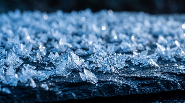 Frost crystals on dark plane showing a macro close up of sharp frozen formations and winter textures