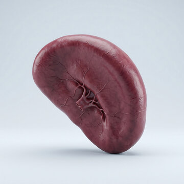 Human spleen organ anatomy isolated on white background showing hilum and blood vessels
