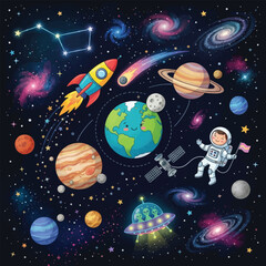 Naklejka premium Colorful space illustration featuring planets astronauts rockets and alien ship