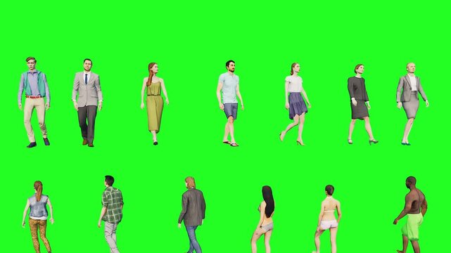 3d people man woman character render on green screen chromakey People walking in different directions for isolated stock footage video photo ready for compositing in film production