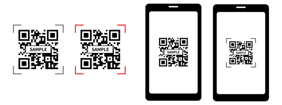 WEBやチラシの誘導に使えるスマートフォンとQRコード読み取りのベクターイラスト素材セット