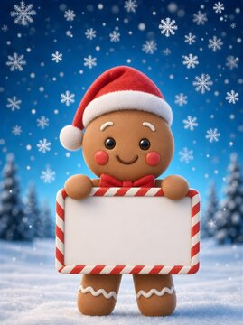 Gingerbread man holding white card.