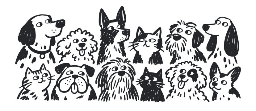 Dog and Cat Faces Hand Drawn Doodle Set