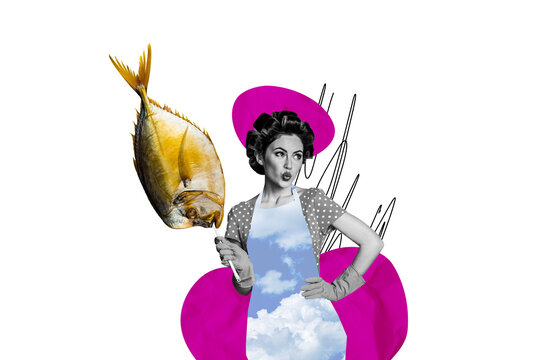 Composite trend artwork 3D sketch image photo collage of&nbsp;young lady pinup style hairdo housewife kitchen cooking hand hold fried fish