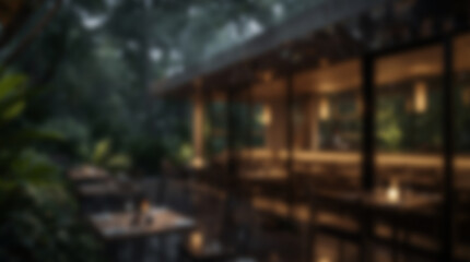 Fototapeta premium Blurred Cozy Outdoor Restaurant Terrace at Twilight in Lush Nature.