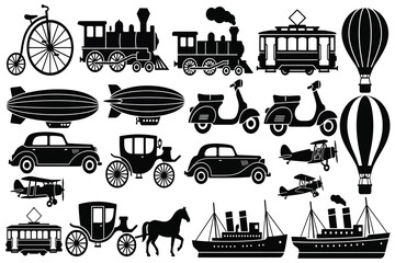 Set of vintage transportation and retro vehicle vector icons isolated on white background © Rashedul Haque Sakib