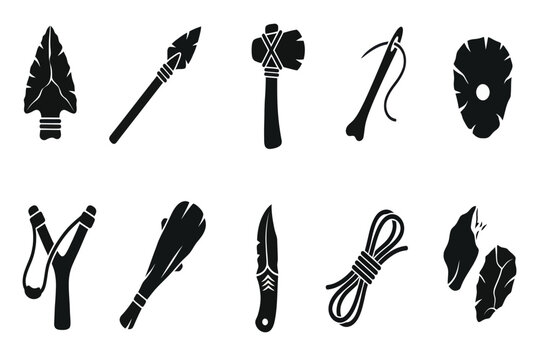 Set of primitive paleolithic tools and stone age weapons vector icons isolated on white background