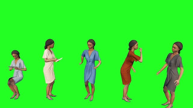 3d people man woman character render on green screen chromakey in colorful dresses for isolated stock footage video photo ready for compositing in film production and commercial projects use