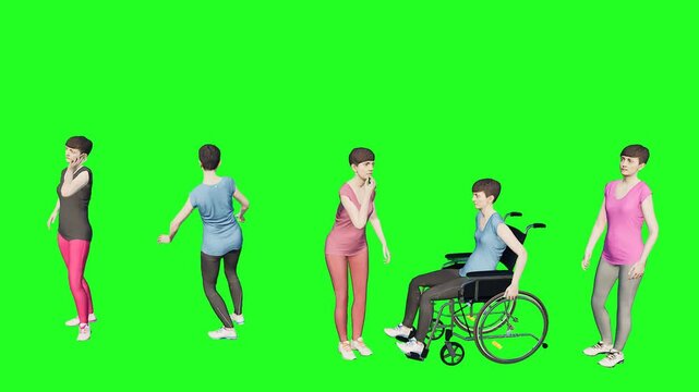 3d people man woman character render on green screen chromakey including wheelchair dancing for isolated stock footage video photo ready for compositing in film production and commercial