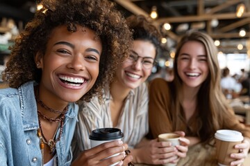 Obraz premium Friends enjoying coffee together in a cozy caf on a lively afternoon