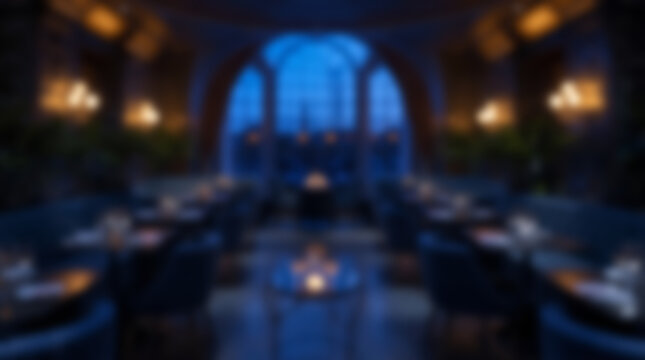 Blurred Elegant Fine Dining Restaurant Interior at Night with Cozy Atmosphere.
