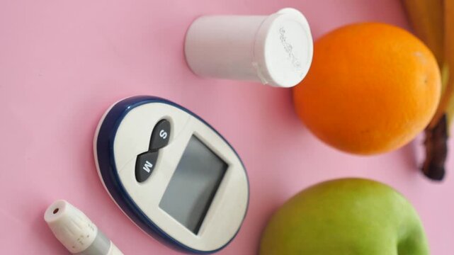 A top-down dynamic clip showing diabetes health essentials next to fresh fruits on a vibrant pink background