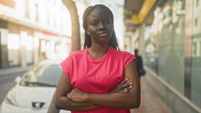 Woman with arms crossed by parked car on street wearing pink shirt and later pointing finger; confidence resilience empowerment.