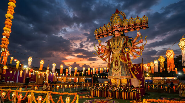 Ravana effigy at night during Dusshera festival celebration
