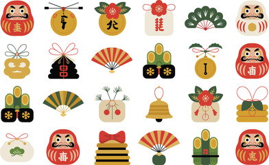 Fototapeta premium Japanese new year traditional festive icons with daruma dolls and bamboo pine floral decor
