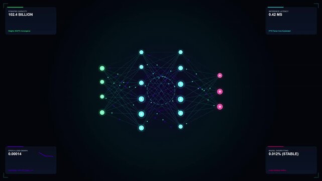 Abstract network pulses with glowing nodes. Nodes connect in a dynamic, futuristic pattern. Data streams pulse across a dark digital canvas. The image suggests innovation and advanced systems
