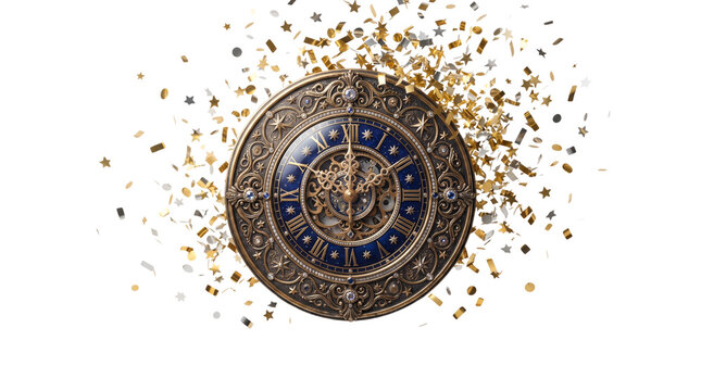 Vintage ornate clock with gold confetti, antique bronze timepiece with blue zodiac dial, luxury celebration clock for New Year isolated PNG with Transparent Background