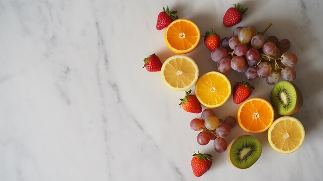 Fresh mixed fruits on white marble background top view