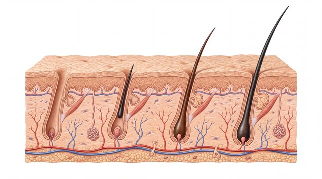 Detailed cross section illustration of human skin layers showing hair follicle growth on white background
