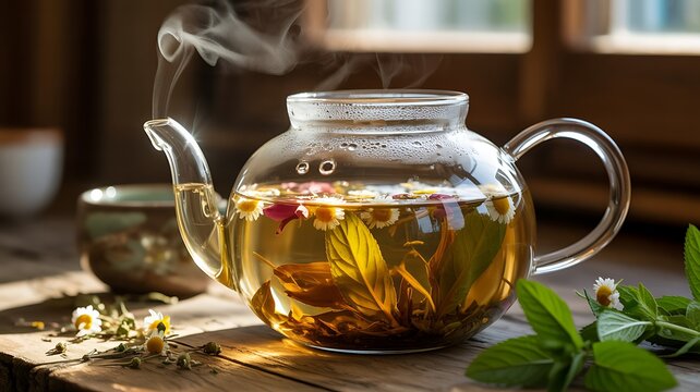 Herbal tea in glass teapot with steam on wooden table