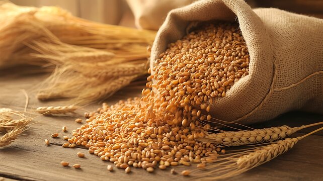 Wheat grains spilling out of a burlap sack on a wooden table
