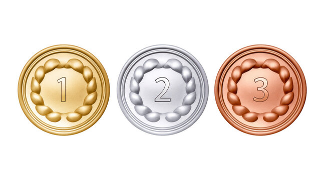 Gold, silver and bronze sports medals representing first, second and third place winners.