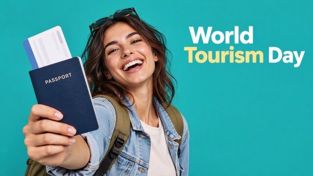 Happy woman with passport and boarding pass celebrating World Tourism Day.