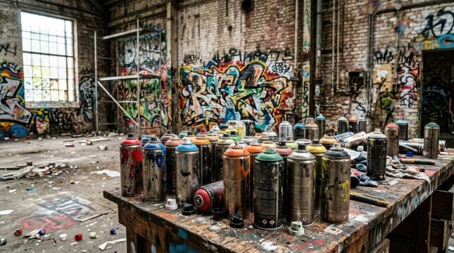 Graffiti-covered abandoned warehouse interior with spray paint cans on a table, urban decay scene.
