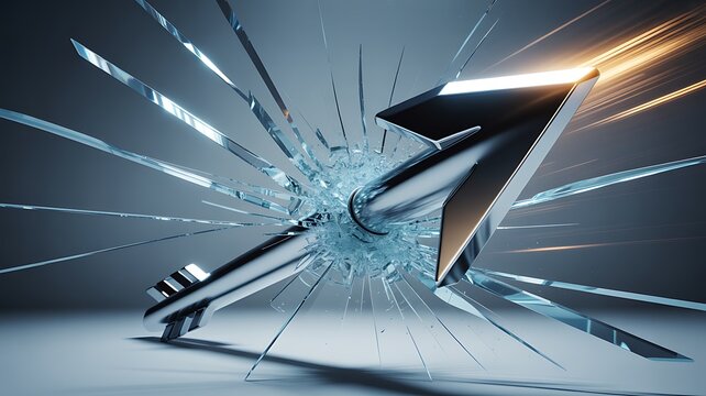 Metallic arrow breaking through shattered glass barrier