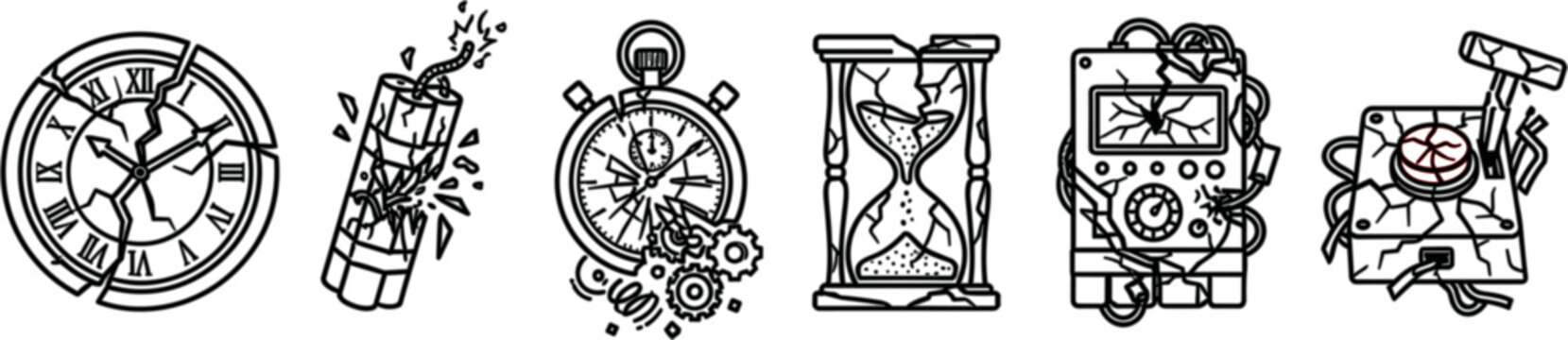 Set of broken time and countdown devices, clocks, hourglasses, and explosive detonators in line art style