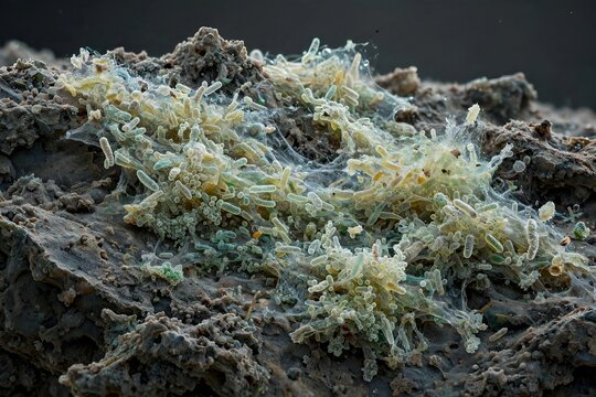 Translucent Bacterial or Fungal Colony Clusters on Weathered Rock Surface