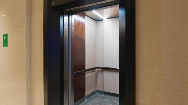 Modern elevator cabin with open doors in a contemporary building.