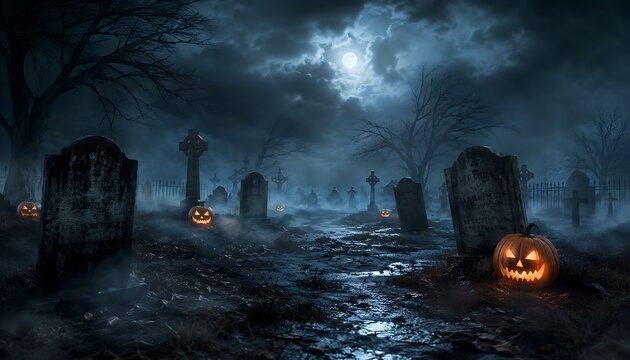 Spooky Halloween graveyard at night with glowing jack-o'-lanterns, tombstones, and a full moon under a cloudy, misty sky.