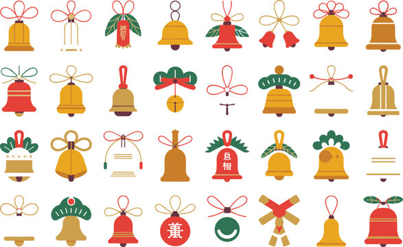Set of traditional Japanese New Year bell illustrations in red yellow green and gold