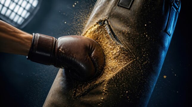 A boxing glove striking a heavy bag, with golden particles exploding from the impact.