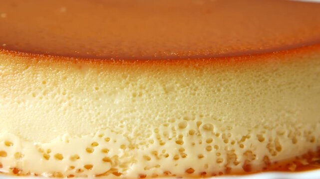 A close up view of delicious homemade caramel custard dessert, showcasing the smooth texture and rich color of a traditional sweet pudding, rotating on a plate