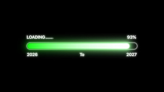 Neon green digital loading screen transitioning from 2026 to 2027 on a black background