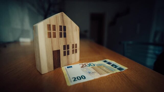 Real estate market concept with miniature wooden house and 200 euro banknote on wooden surface