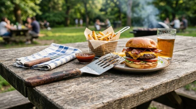 A close-up of a bacon cheeseburger, fries, and beer at an outdoor picnic.