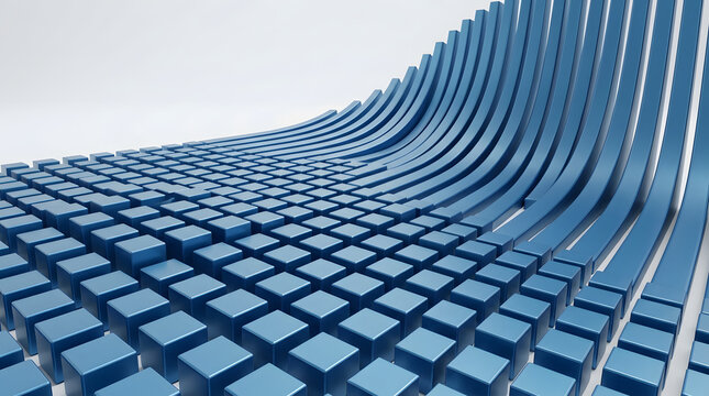 Abstract blue cuboid bars forming a dynamic flowing wave pattern for technology backgrounds.