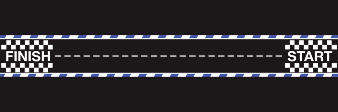 Straight race track banner with start and finish checkered flags vector illustration on black background.