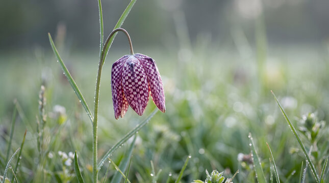 Purple snake head fritillary flower blooming in a dewy green meadow.