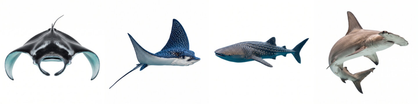 Marine animals isolated on white background, featuring realistic manta ray, spotted eagle ray, whale shark, and hammerhead shark for educational ocean wildlife infographics and design