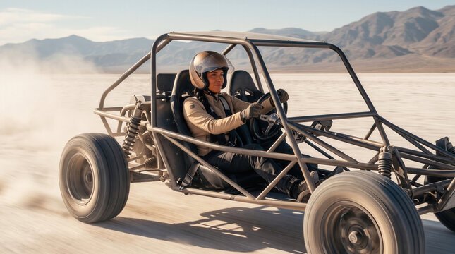 Woman Driving Dune Buggy Across Desert With Mountains Behind