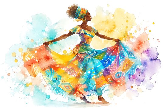 Woman twirling in African print dress, watercolor illustration